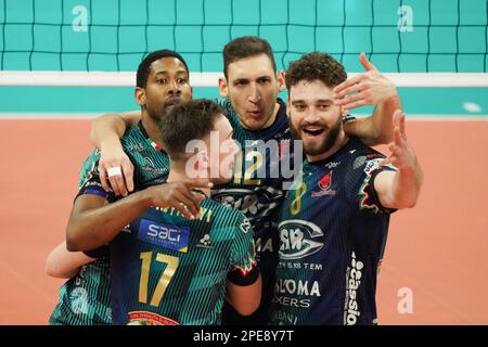 PalaBarton, Perugia, Italy, March 15, 2023, sir sicoma monini perugia rejoices  during  Sir Sicoma Monini Perugia vs Berlin Recycling Volleys - CEV Champions League volleyball match Stock Photo