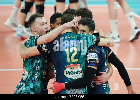 PalaBarton, Perugia, Italy, March 15, 2023, sir sicoma monini perugia rejoices  during  Sir Sicoma Monini Perugia vs Berlin Recycling Volleys - CEV Champions League volleyball match Stock Photo