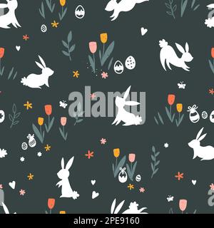 Cute hand drawn easter bunnies seamless pattern, easter doodle background, great for textiles, banners, wallpapers, wrapping - vector design Stock Vector