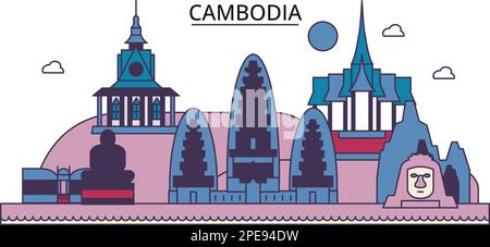 Cambodia tourism landmarks, vector city travel illustration Stock Vector