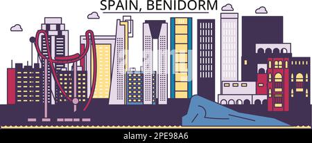 Spain, Benidorm tourism landmarks, vector city travel illustration Stock Vector