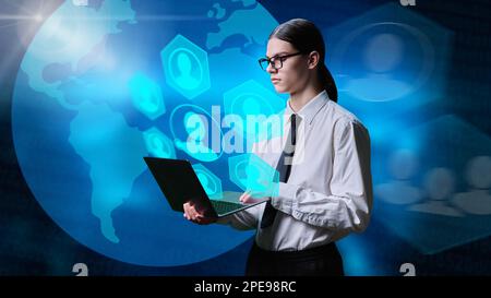 Student guy using laptop for global online communication Stock Photo