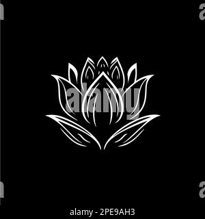 Minimalistic waterlily logo template, white icon of lotus petals flower silhouette on black background, yoga logotype concept, cosmetic emblem, tattoo Stock Vector