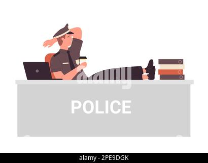 Policeman at police office. Police department, relaxed police officer vector illustration Stock Vector