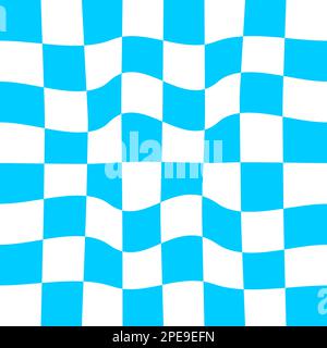 Distorted chessboard background. Checkered optical illusion. Psychedelic pattern with warped blue and white squares. Plaid or flag chequered texture Stock Vector