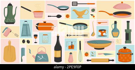 Cartoon chefs kitchenware collection with whisk pot pan ladle plate spoon knife fork frypan teapot in wide geometric collage background. Kitchen utensils, tools and equipment set vector illustration Stock Vector