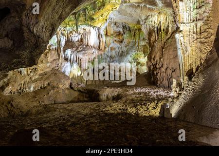 Prometheus Cave Natural Monument - largest cave in Georgia with petrification waterfalls, hanging stone curtains, stalactites and stalagmites. Stock Photo