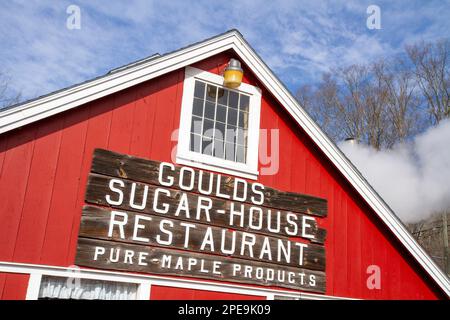 Boiling down maple tree sap to make maple syrup at Goulds Sugar House, now closed. Stock Photo