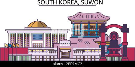 South Korea, Suwon tourism landmarks, vector city travel illustration Stock Vector