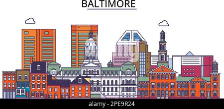 United States, Baltimore tourism landmarks, vector city travel ...