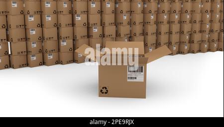 Composition of opened cardboard box over stack of boxes on white background Stock Photo
