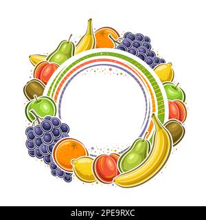 Vector frame for Fruits with blank copy space for ad text, decorative circle sign board with whole sweet banana, ripe kiwi fruit and green juicy apple Stock Vector