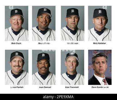 Detroit Tigers pitching coach Bob Cluck, left, reaches out to