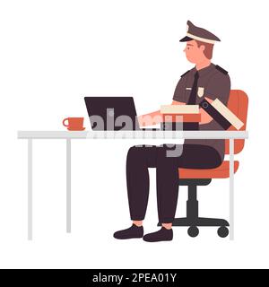 Policeman at desk work. Police department, police officer working vector illustration Stock Vector