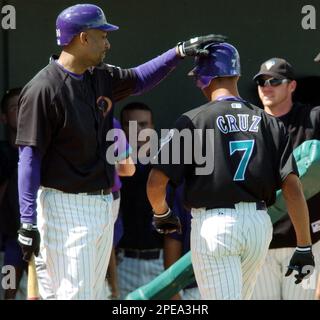 Jose Cruz Jr. of the Seattle Mariners during a spring training game at  Peoria Sports Complex in Peoria, Arizona during the 1997 season.(Larry  Goren/Four Seam Images via AP Images Stock Photo 