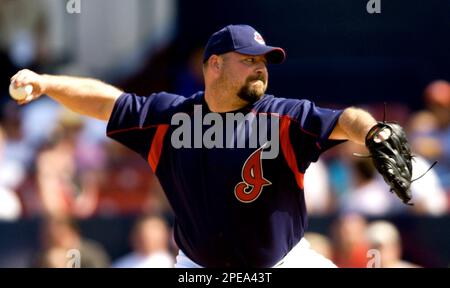 Cleveland Indians' Bob Wickman pitches to Kansas City Royals' Mike Sweeney  in the ninth inning Friday, Sept. 16, 2005, in Cleveland. The Indians won,  3-1. (AP Photo/Ron Schwane Stock Photo - Alamy