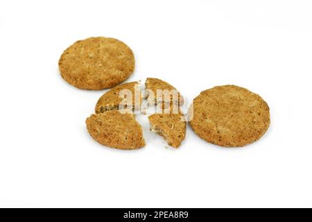 Round oatmeal cookies on white isolated background Stock Photo