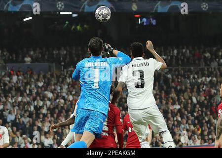 Madrid, Spain. 15 Mar, 2023. Real Madrid´s Thibaut Courtois in action during Champions League 2nd leg Match between Real Madrid and Liverpool FC at Santiago Bernabeu Stadium in Madrid, Spain, on March 15, 2023. Credit: Edward F. Peters/Alamy Live News Stock Photo