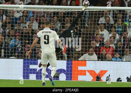 Madrid, Spain. 15 Mar, 2023. Liverpool´s Alisson in action during Champions League 2nd leg Match between Real Madrid and Liverpool FC at Santiago Bernabeu Stadium in Madrid, Spain, on March 15, 2023. Credit: Edward F. Peters/Alamy Live News Stock Photo