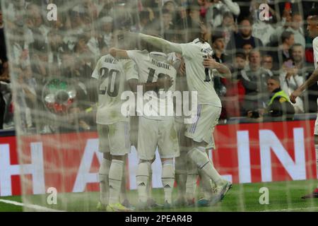 Madrid, Spain. 01st Mar, 2023. Real Madrid´s players celebrate during Champions League 2nd leg Match between Real Madrid and Liverpool FC at Santiago Bernabeu Stadium in Madrid, Spain, on March 15, 2023. (Photo by Edward F. Peters/Sipa USA) Credit: Sipa USA/Alamy Live News Stock Photo