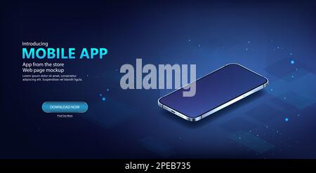 Futuristic banner with 3D realistic mobile phone with screen glow Stock Vector
