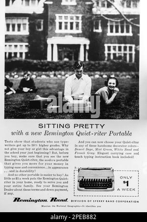 Remington Rand Quiet-Riter portable typewriter advert in a Natgeo magazine September 1956 Stock Photo