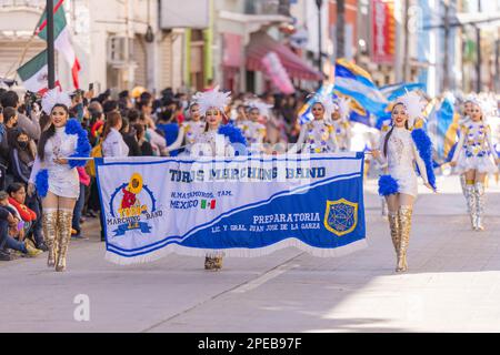 Matamoros, Tamaulipas, Mexico - November 26, 2022: The Desfile del 20 de Noviembre, members of the Toros Marching Band performing at the parade Stock Photo