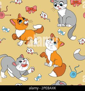 Seamless pattern with cute cartoon jolly cats, balls and toy mouses. Vector illustration on yellow background. For party, print, baby shower, wallpape Stock Vector