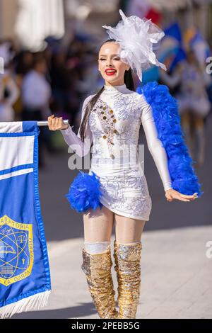 Matamoros, Tamaulipas, Mexico - November 26, 2022: The Desfile del 20 de Noviembre, members of the Toros Marching Band performing at the parade Stock Photo