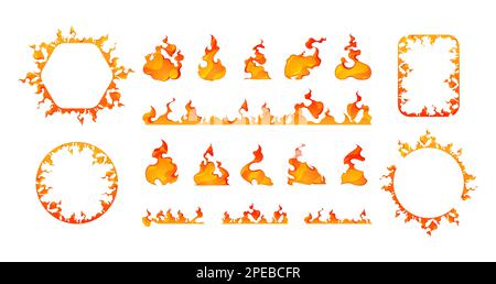 Cartoon fire frames. Square and round flaming figures, burning orange and red borders, game asset 2d elements, ignited edges. Vector isolated set. Var Stock Vector