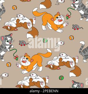 Seamless pattern with cute cartoon jolly cats, balls and toy mouses. Vector illustration on brown background. For party, print, baby shower, wallpaper Stock Vector