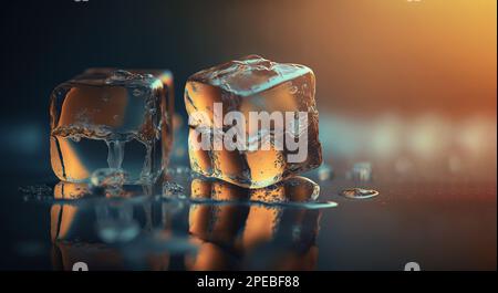 Melting Ice cubes with water drops on a table. Clear ice in cube shape.  Frozen water.