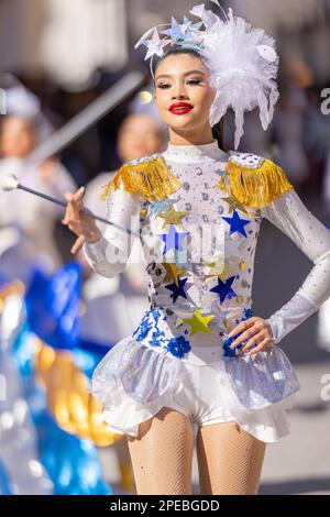 Matamoros, Tamaulipas, Mexico - November 26, 2022: The Desfile del 20 de Noviembre, members of the Toros Marching Band performing at the parade Stock Photo