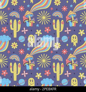 Seamless pattern with y2k style elements. Acidic vivid neon colors.Bright youth pattern with symbols of the 70s. Mushrooms, cactus, melting face, rain Stock Vector