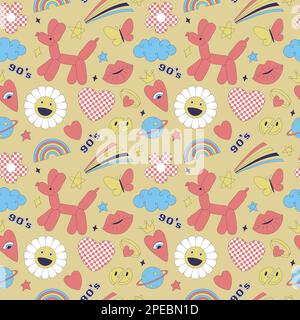 Seamless pattern with y2k style elements. Acidic vivid neon colors. Bright youth pattern with 90 s characters. Inflatable dog balloon, daisy, rainbow, Stock Vector