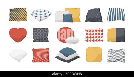 Cozy cushions. Cartoon bed sofa pillows with colorful floral geometric pattern, flat bedtime decorative textile for home interior. Vector isolated set Stock Vector