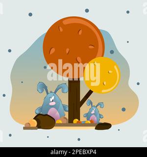 Gray rabbits sit under an autumn tree. All around are stylized yellow and brown leaves, flowers, grass and rocks on a yellow-blue background. Stock Vector