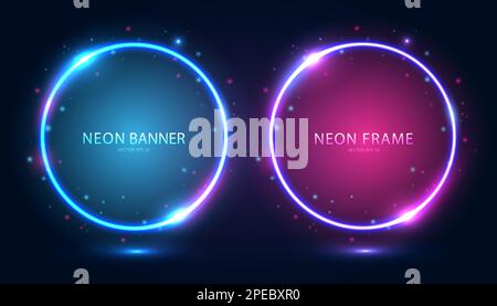 Round neon frames with shining effects and highlights on a dark background. Stock Vector