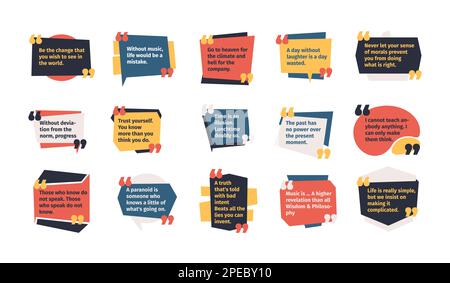 Quotes in frames. Speech balloon textbox with commas for quoting or comment, feedback dialog box with text, discussion note stickers. Vector flat set. Stock Vector