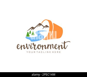 Environment, flowerpot, mountains, river and forest, logo design. Nature, plant, trees, water, landscape and forestry, vector design and illustration Stock Vector
