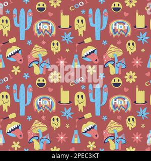 Seamless pattern with y2k style elements. Acidic vivid neon colors. Bright youth pattern with 70 s symbols. Cactus, psychoholic mushrooms, hemp leaf. Stock Vector