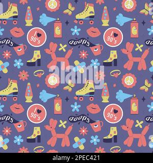 Seamless pattern with y2k style elements. Acidic vivid neon colors. Bright youth pattern with 90 s characters. Roller skates, lava lamp, high platform Stock Vector