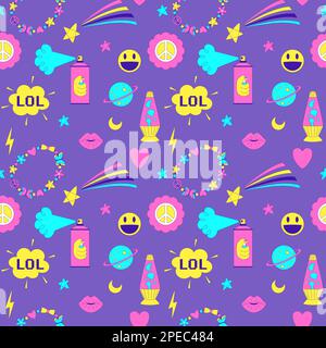 Seamless pattern with y2k style elements. Acidic vivid neon colors. Bright youth pattern with 90 s symbols. Lava lamp, bracelet, smiling face, lips. V Stock Vector