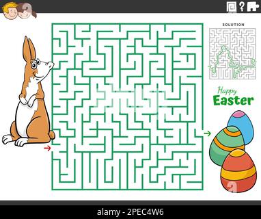Cartoon illustration of educational maze puzzle game for children with Easter Bunny and Easter eggs Stock Vector