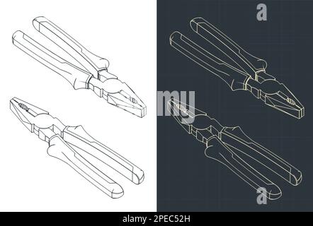 Stylized vector illustration of isometric blueprints of combination pliers Stock Vector