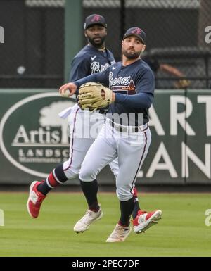 Atlanta Braves right fielder Michael Harris II., watches teammates