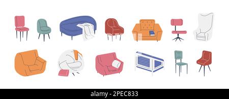 Chairs and armchairs. Cozy home interior and office furniture, stylish upholstered furnish for comfort relaxation, cartoon apartment decor. Vector set Stock Vector