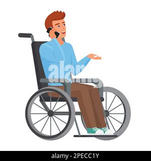 Boy sitting in chair and talking on phone. Man with walking disability vector cartoon illustration Stock Vector