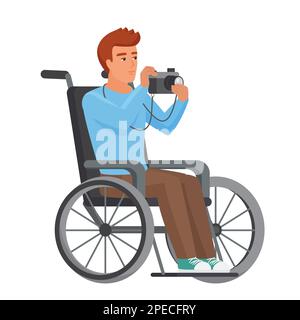 Disabled man taking photos. Man in wheelchair using camera vector cartoon illustration Stock Vector