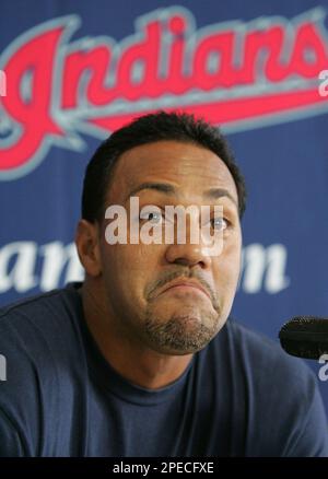 Cleveland Indians outfielder Juan Gonzalez watches his double go down the  line against the Washington Natonals during a spring training game on  Tuesday, March 15, 2005 in Viera, Fla. After spending much